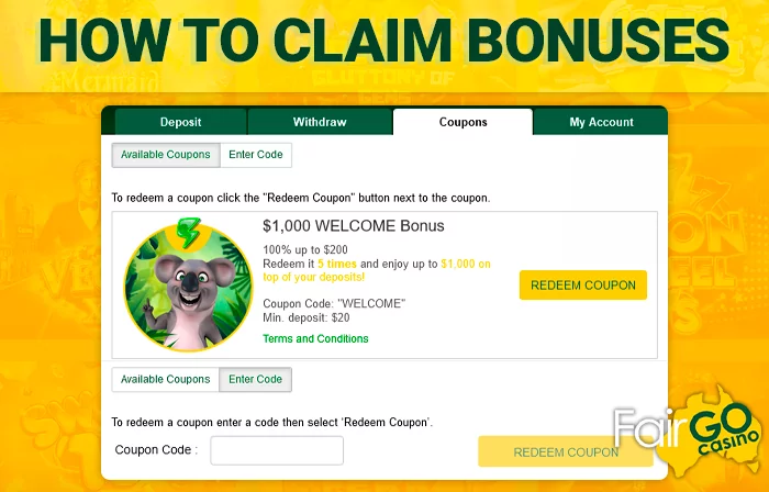 How to activate a bonus code at Fair Go Casino - step-by-step instructions